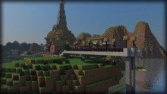 Water Mountains tower dirt Flags Bridges minecraft steve skies 