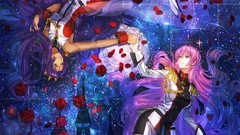 Water roses Castles pink hair anime girls blue eyes green eyes 