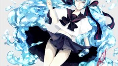 Water schoolgirls skirts blue hair long hair anime girls school 