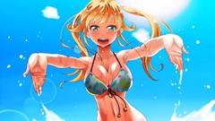 Water sun clouds Anime Beaches blondes long hair anime girls 