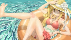 Water tube food hats blondes long hair anime girls yellow eyes 