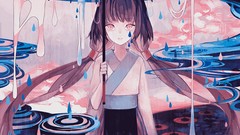 Water Umbrellas long hair anime girls vocaloid gray hair 