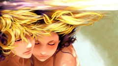 Water underwater blondes twins hugging closed eyes short hair 