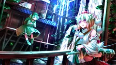 Water weapons dress hats waterfalls white hair red eyes houses 