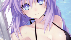 Water wet anime girls blue eyes bra bare shoulders purple hair 