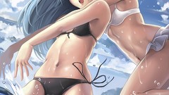Water wet blue hair anime girls blue eyes green eyes bikini 