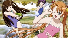 Water woman Anime Bells Ribbons outdoors blush long hair 