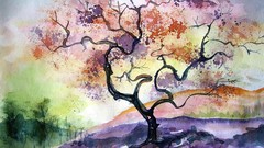 Watercolor paintings artwork cherry tree