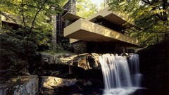 waterfall falling water Frank Lloyd Wright building Trees