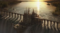 Waterfalls cliffs Castles water body fantasy art