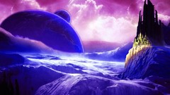 Waterfalls cliffs Castles water body fantasy art