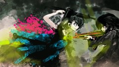 Weapons abstract dress coat multicolor smiling long hair anime 