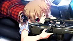 Weapons Anime Computers scope plaid red eyes Ribbons blondes 