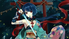 Weapons Beads red eyes gloves Ribbons kimono Swords outdoors 