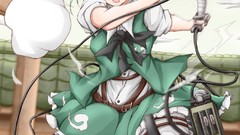 Weapons belts anime girls boots green eyes short hair konpaku 