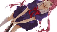 Weapons blood white background Knives red eyes pink hair long 