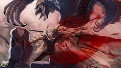 Weapons blood white hair scarfs green eyes short hair green tea