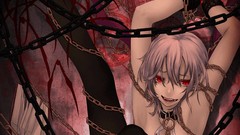 Weapons Books blood Vampires Knives red eyes sitting handcuffs 