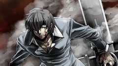 Weapons cross blood Anime suit gray eyes short hair black hair 