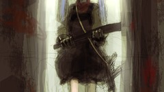 Weapons dress gloves Swords blue hair smiling long hair anime 