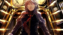 Weapons dress tie statues stained glass Knives white hair red 