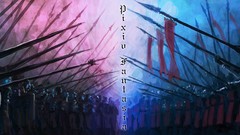 Weapons Flags Knights armor red eyes lance spears blue eyes 