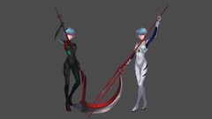 Weapons gray background red eyes lance blue hair anime girls 
