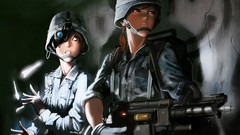 Weapons Guns Anime red eyes gloves helmets anime girls brown 