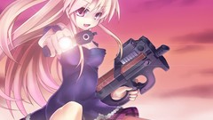 Weapons Guns Anime red eyes pistols blondes skirts skies 