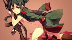 Weapons Guns Anime uniforms green hair black eyes nude Simple 