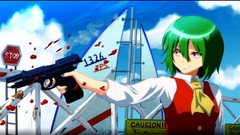Weapons Guns blood red eyes anime girls short hair green hair 