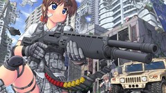 Weapons Guns blush anime girls blue eyes brunettes short hair 