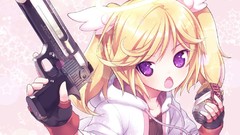 Weapons Guns fangs gloves pistols hoodies blondes pink hair 