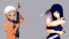 Weapons Guns gray background Knives white hair red eyes tattoos 