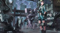 Weapons Guns robot Robots ruins blue hair anime girls boots 