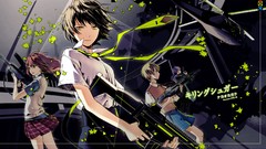 Weapons Guns skirts long hair anime girls green eyes brunettes 