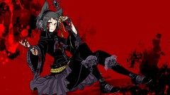 Weapons headphones blood dress red background red eyes sitting 