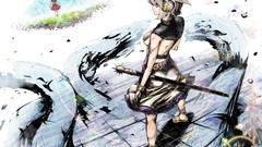 Weapons headphones fight dress white hair Swords bows belts 