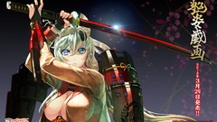 Weapons Katana armor Swords anime girls blue eyes cherry 