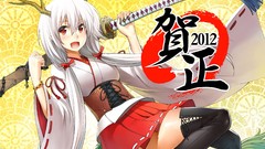 Weapons Katana Bells white hair red eyes Ribbons Swords chains 
