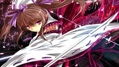 Weapons Katana dress hats Swords bows long hair pink eyes anime 