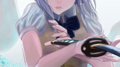 Weapons Katana dress Swords bows anime girls green eyes short 