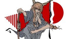 Weapons Katana dress white background horns red eyes Ribbons 