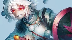 Weapons Katana teeth hats fangs blue background white hair red 