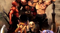 Weapons Monsters fangs horns red eyes sitting club bows chains 