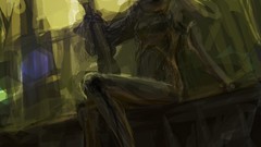 Weapons sitting blondes long hair anime girls yellow eyes 