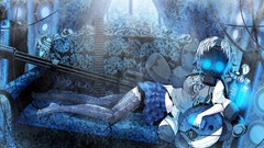 Weapons tie white hair skirts anime girls blue eyes school 