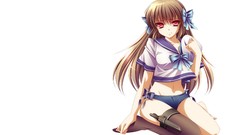 Weapons white background Knives red eyes Ribbons long hair 