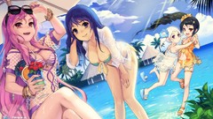 Wet red eyes Beaches pink hair long hair anime girls blue eyes 