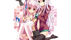 White Anime white hair pink hair long hair animal ears cleavage 